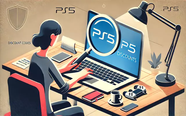 A person sitting at a desk, searching for PS5 discount codes on a laptop, with a magnifying glass icon hovering over the screen