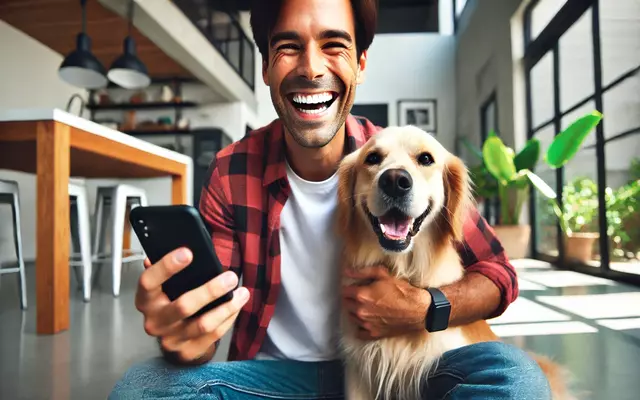 A person smiling and holding their dog after successfully booking a Rover service with a coupon