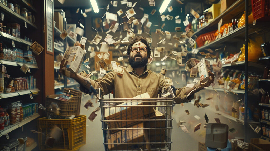 A person smiling while holding a overflowing grocery cart and showing a stack of coupons