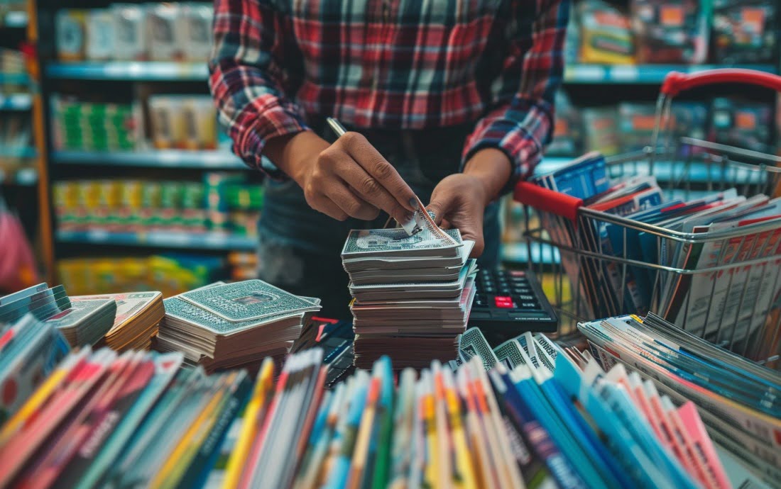 Person organizing coupons for maximum savings at Staples