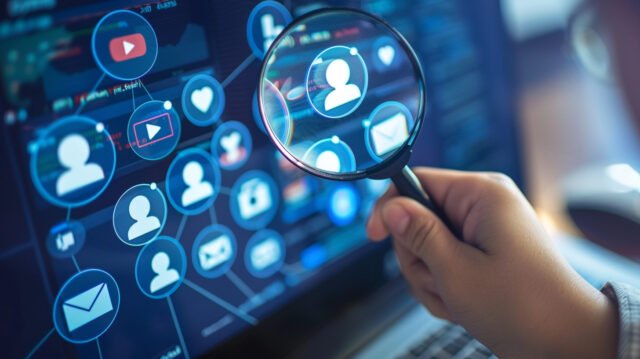 A person using a magnifying glass to look at different social media profiles