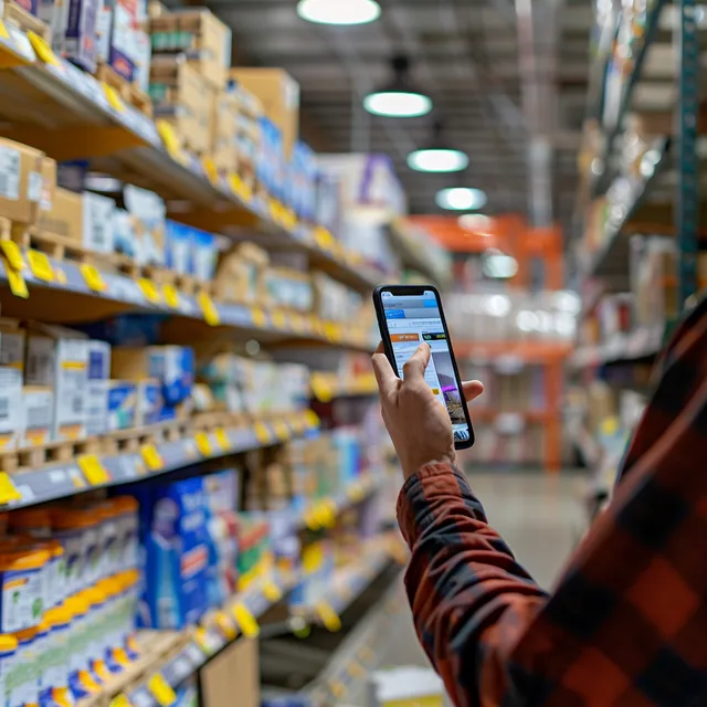 A shopper using the Lowe's app to compare prices and find deals before making a purchase