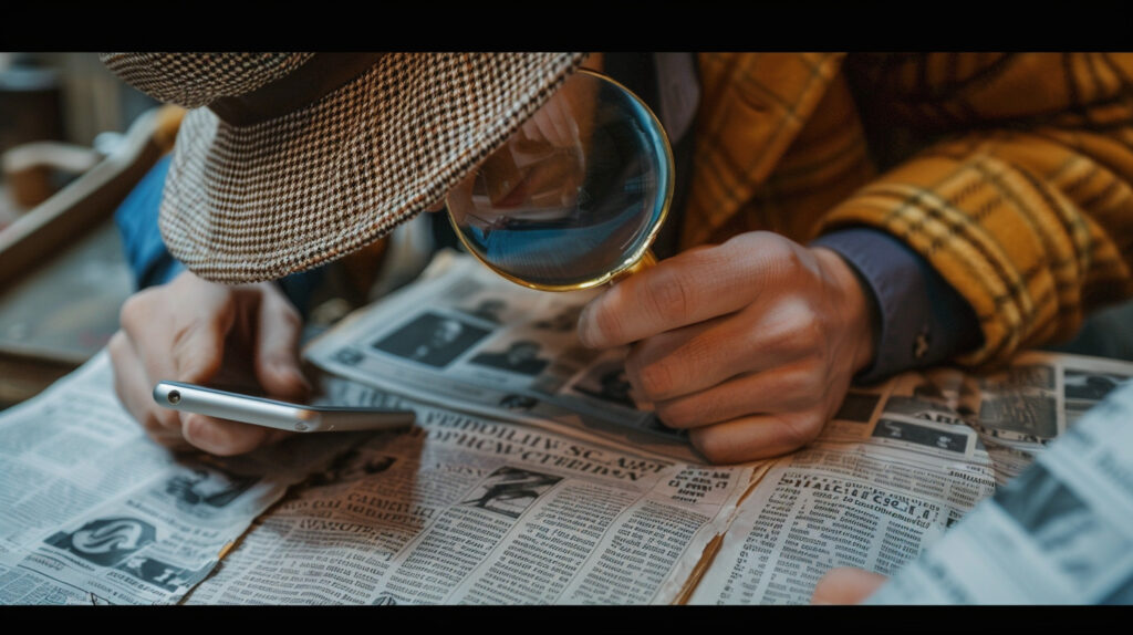 A person with a magnifying glass searching for coupons in newspapers and on a smartphone