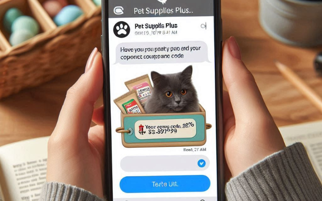 A phone screen displaying a text message with a Pet Supplies Plus coupon code.