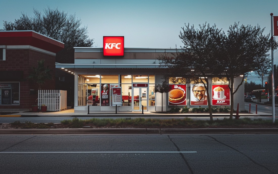 A photo of a KFC storefront with a visible decline in customer traffic, symbolizing the company's recent sales drop