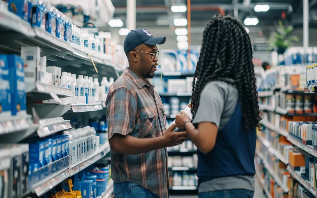 Lowe's employee assisting a customer in-store, demonstrating helpful service and potential for insider tips