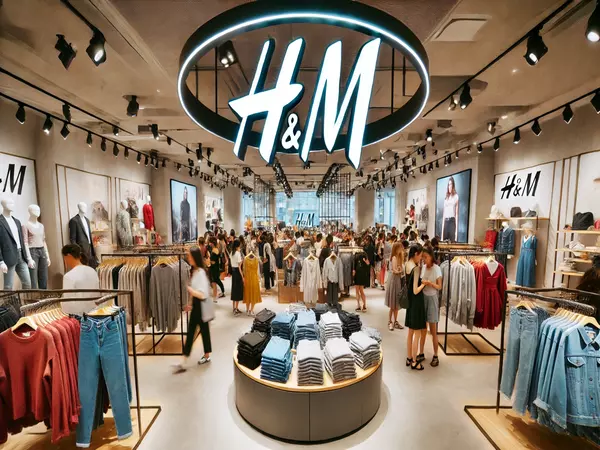 A photo of a crowded H&M store, with customers browsing through racks of clothing