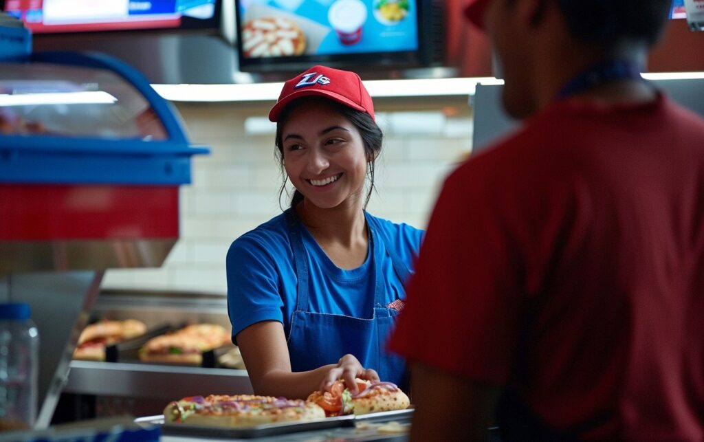 A photo of a friendly Domino's employee taking an order from a customer