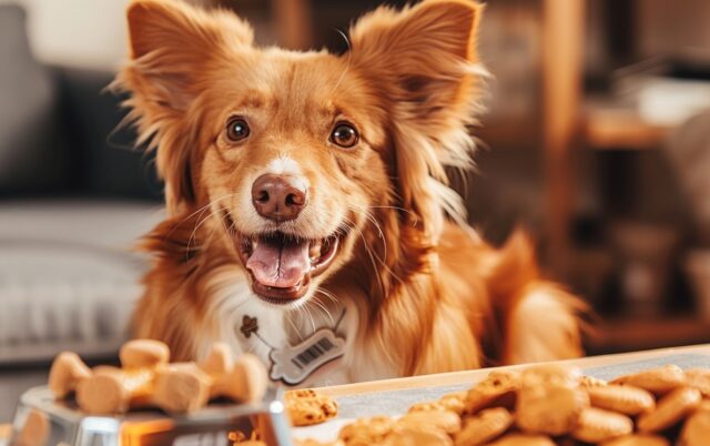 Happy pet enjoying a treat with PetSmart Treats membership card