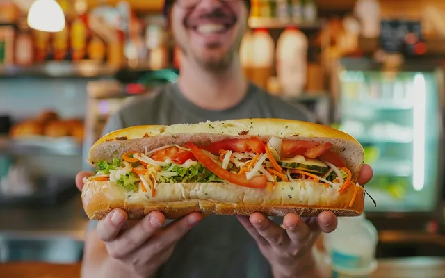 A person holding a Jersey Mike's sub and smiling knowingly