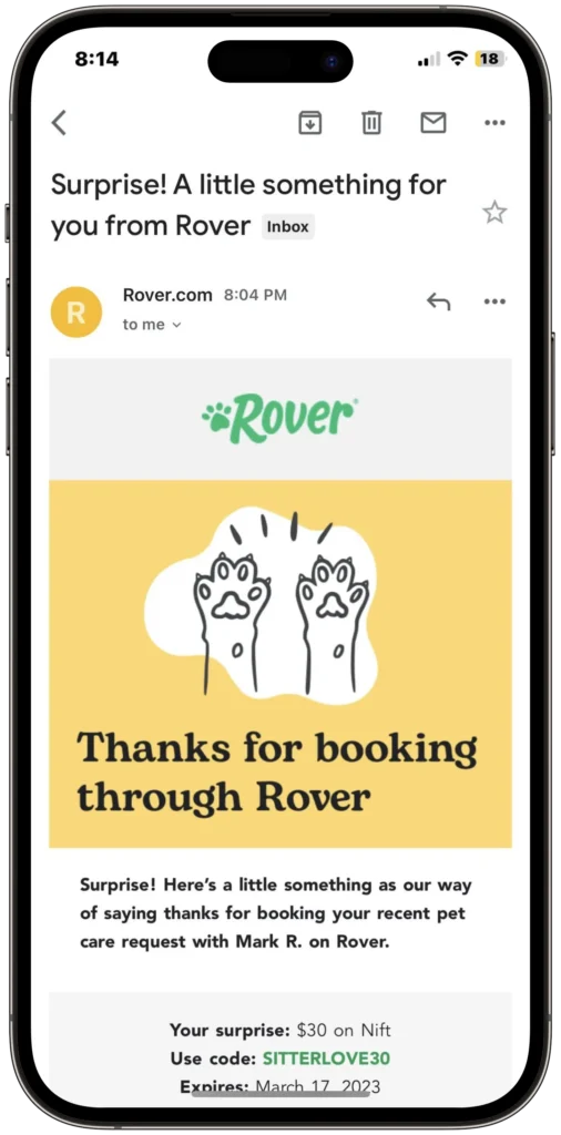 A screen checking their email for Rover coupon codes