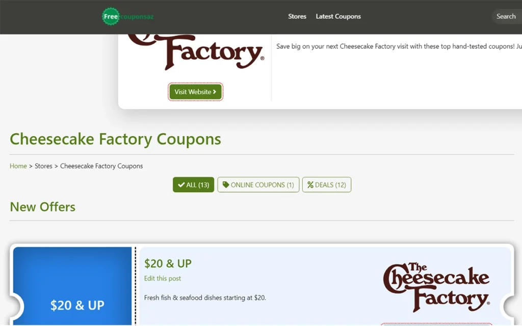 A screenshot of the Free Coupons AZ website showing the Cheesecake Factory coupons page