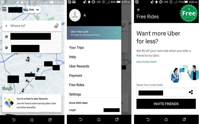 A screenshot of the Uber app's referral program page, showcasing the benefits and rewards for both the referrer and the new user