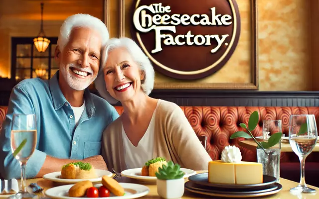 A senior couple smiling and enjoying a meal together at The Cheesecake Factory