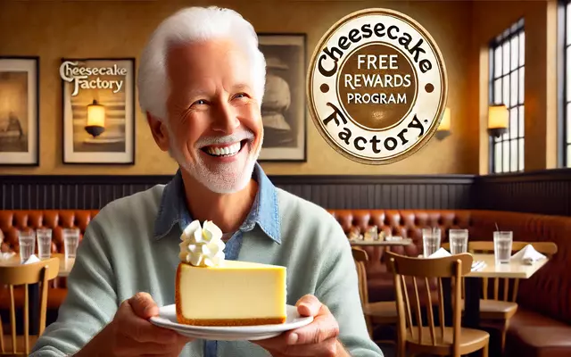 A senior smiling and enjoying a free slice of cheesecake earned through the Cheesecake Rewards program