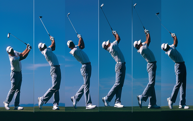 A sequence of images showing a pro golfer's swing from start to finish