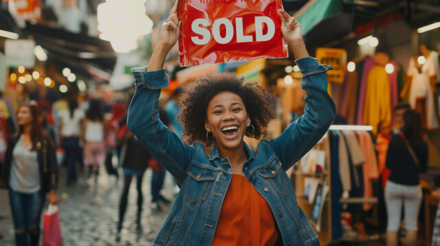 A shopper celebrating a successful bargain hunt