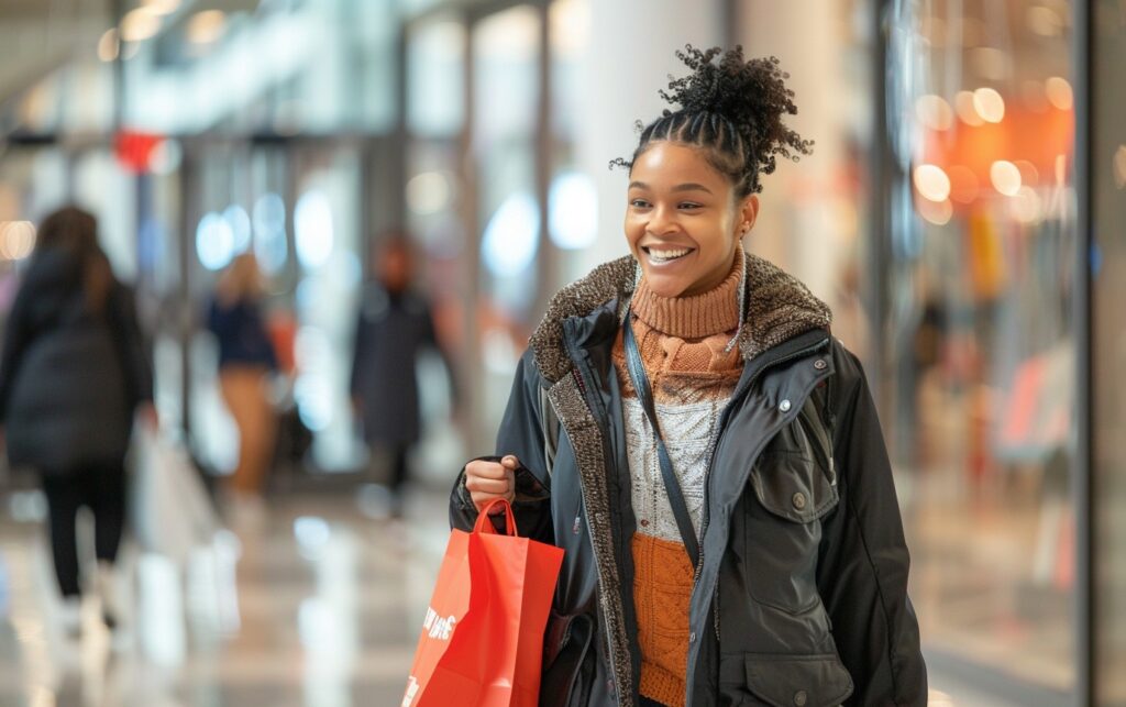 A shopper walking out of a Bealls store with a smile, carrying a shopping bag