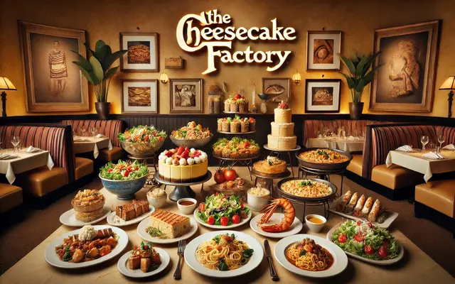 A table filled with various dishes from The Cheesecake Factory showcasing the restaurants diverse menu options.