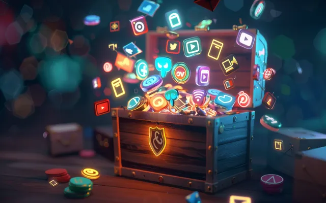 A treasure chest filled with symbols representing hidden gems within YouTube TV