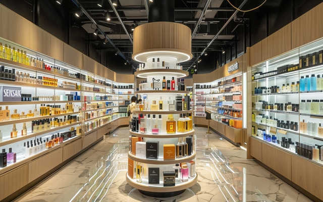 A wide shot of the fragrance section at a Sephora store, showcasing a diverse range of perfumes from different brands