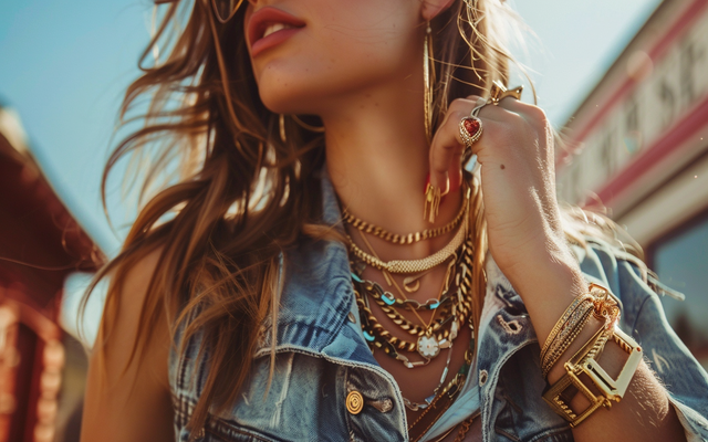 A woman accessorizing with American Eagle jewelry