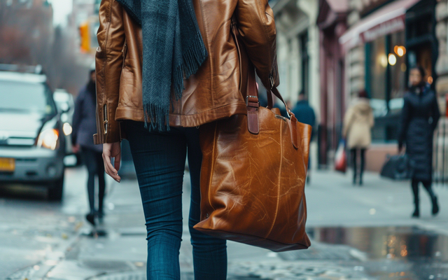 A woman carrying an American Eagle tote bag while walking down the street