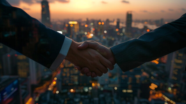 Affiliate and merchant shaking hands, forming a win-win partnership