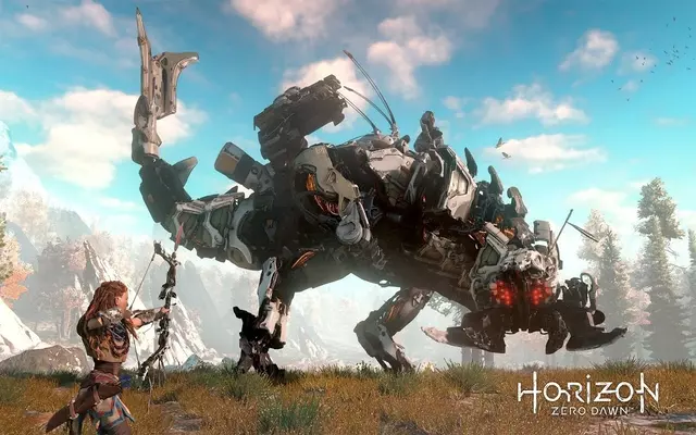 Aloy battles a Thunderjaw in Horizon Zero Dawn