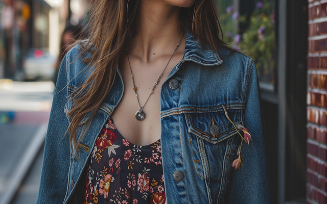 American Eagle denim jacket styled over a floral dress for a casual look