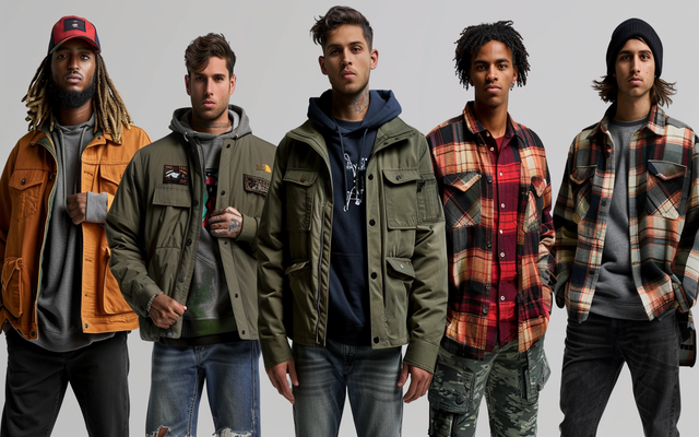 American Eagle jackets layered over hoodies, henleys, and flannel shirts