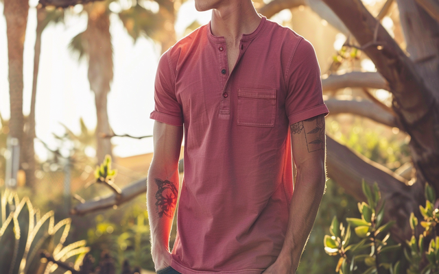 American Eagle men's henley shirt in a solid color with rolled-up sleeves.