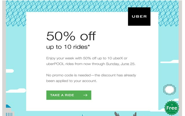 An email from Uber offering a discount on a ride with a promo code