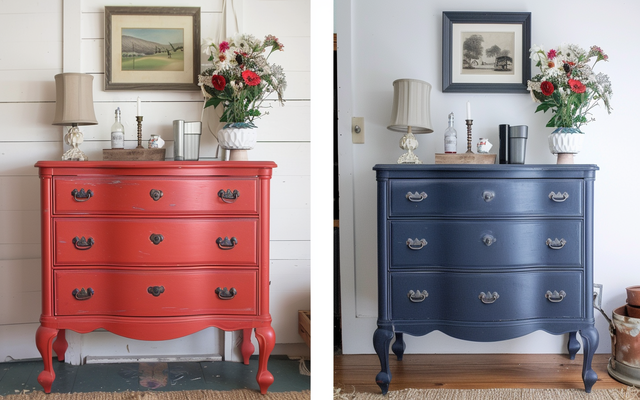 Before and after photos of a dresser transformed with paint and new hardware