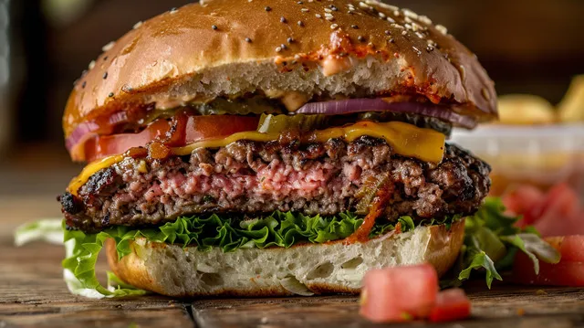 Buffalo Wild Wings burger, showcasing the patty, toppings, and sauces