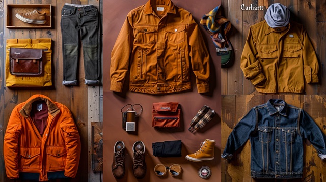 Collage of 10 essential Carhartt items, including jackets, pants, shirts, accessories, and boots