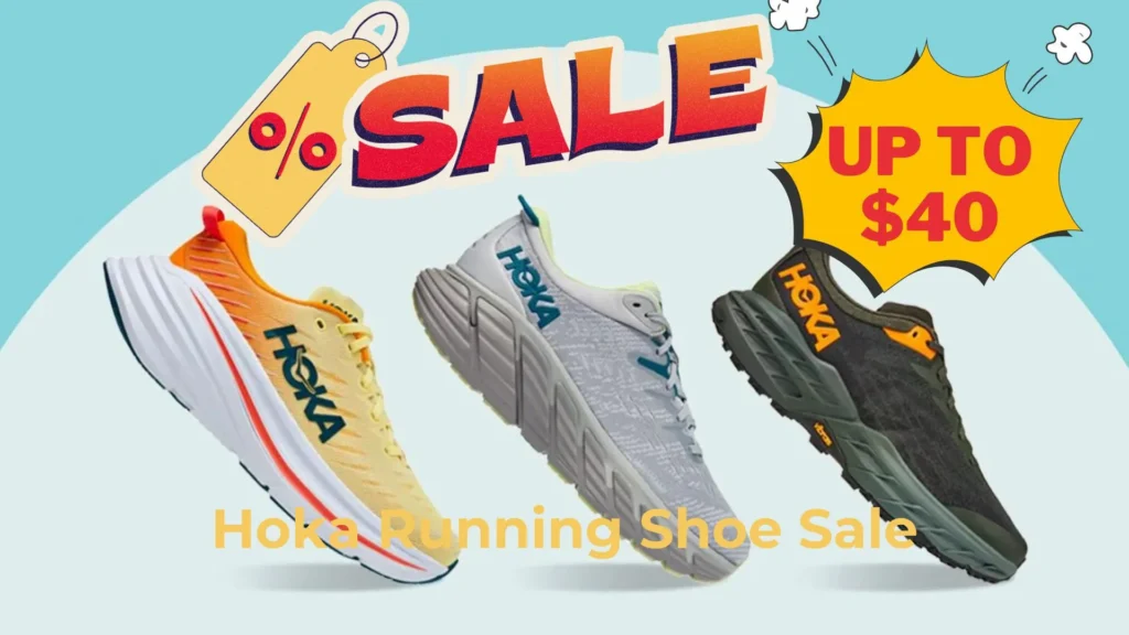 Collage of Hoka running shoes on sale Clifton 8, Bondi 8, and Speedgoat 5 on sale for $40 off