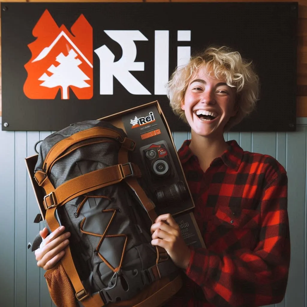 Excited REI shopper showing off a new purchase