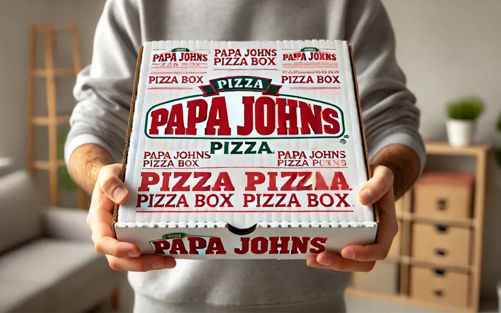 Excited pizza lover holding a Papa Johns box with a $10 bill