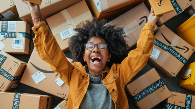 Excited shopper celebrating a Prime Day haul