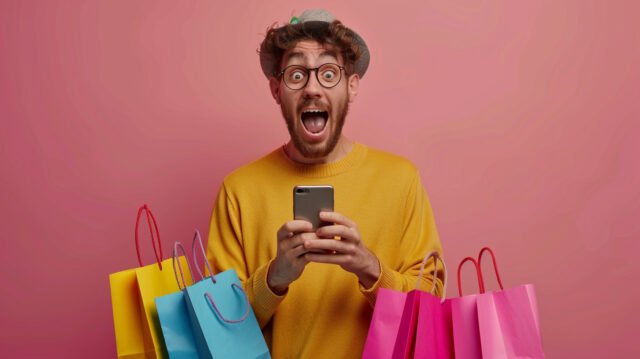 Excited shopper using loyalty program apps to save money