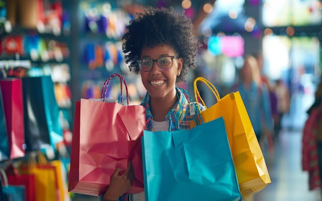 Excited shopper with Old Navy bags