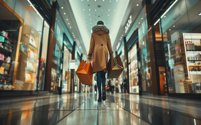 GIF of someone confidently strutting through a store with shopping bags