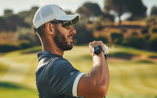 Golfer wearing TAG Heuer smartwatch with golf app on a luxurious golf course