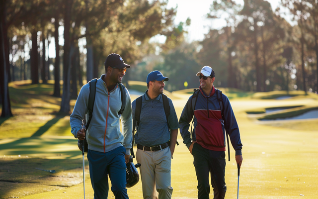 Golfers chatting and laughing while walking down the fairway