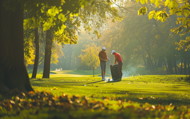 Golfers picking up trash on a fairway