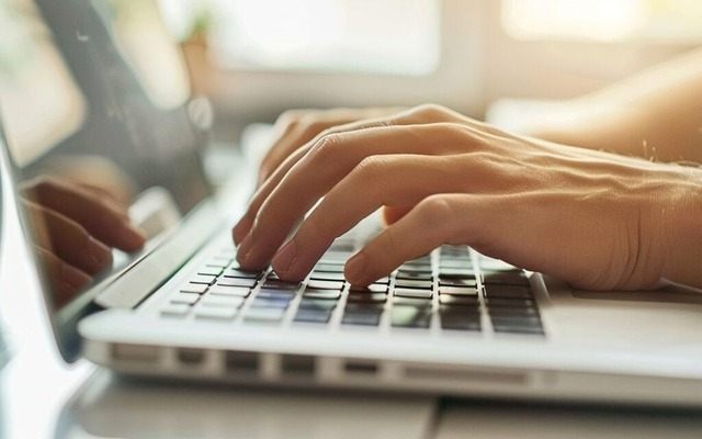 Hands typing a promo code on a laptop