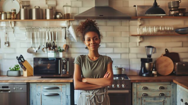 Happy person in a kitchen with new appliances