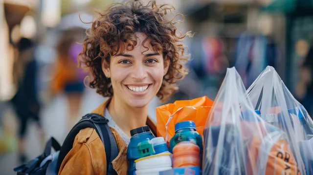 Happy shopper with a bag full of Bed Bath & Beyond purchases