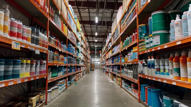 Home Depot paint aisle with colorful paint cans and supplies